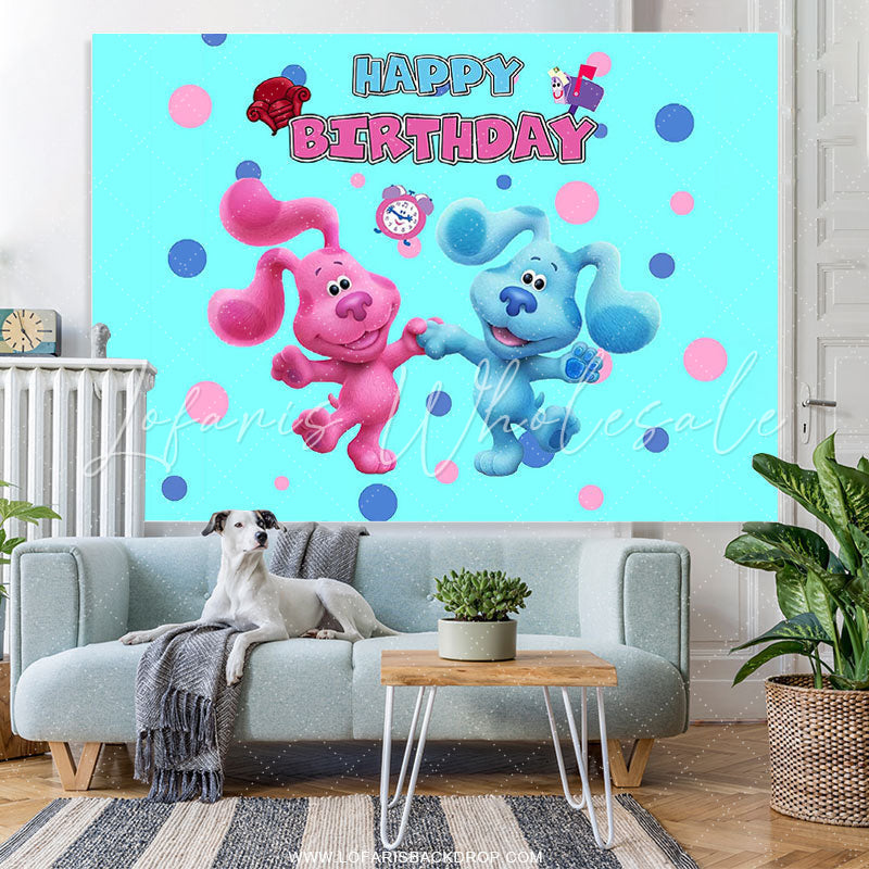 Lofaris Pink And Blue Cartoon Dogs Happpy Birthday Backdrop
