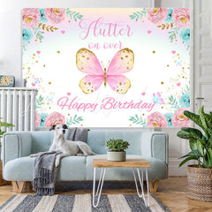 Lofaris Pink And Blue Flowers Butterfly Theme Birthday Backdrop