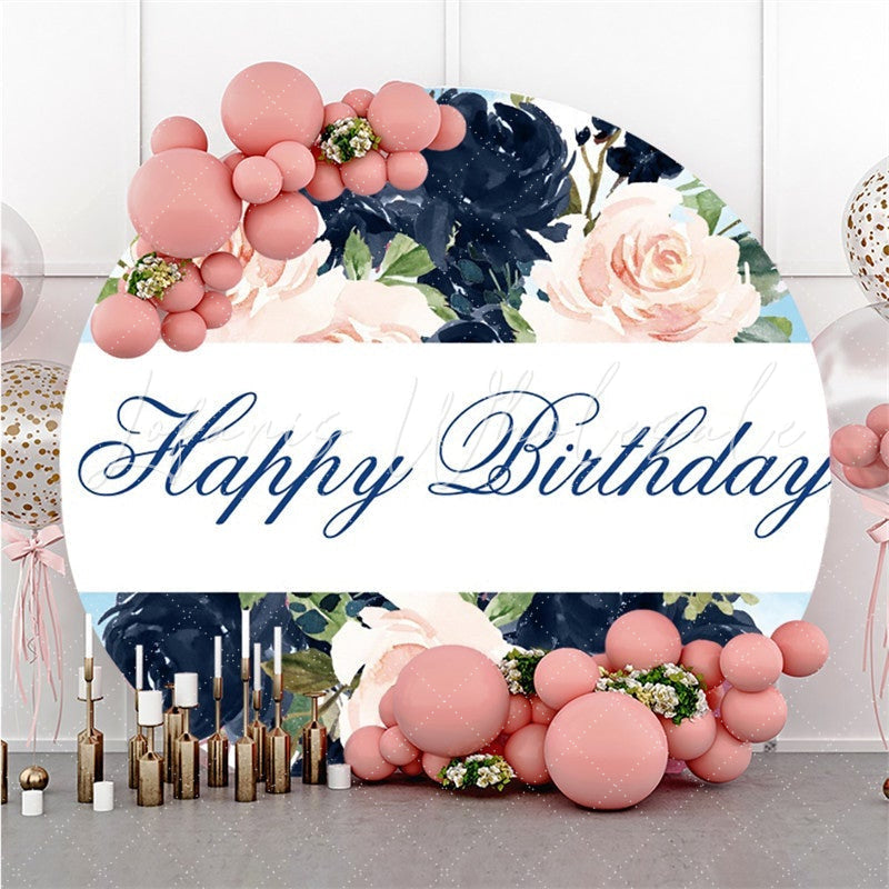 Lofaris Pink And Dark Blue Flower Round Happy Birthday Backdrop