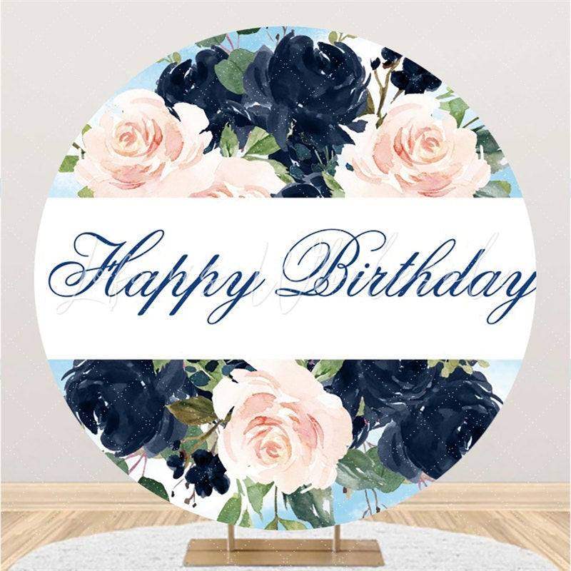 Lofaris Pink And Dark Blue Flower Round Happy Birthday Backdrop
