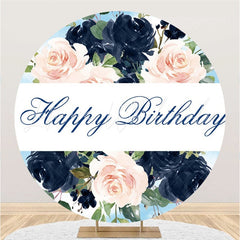 Lofaris Pink And Dark Blue Flower Round Happy Birthday Backdrop