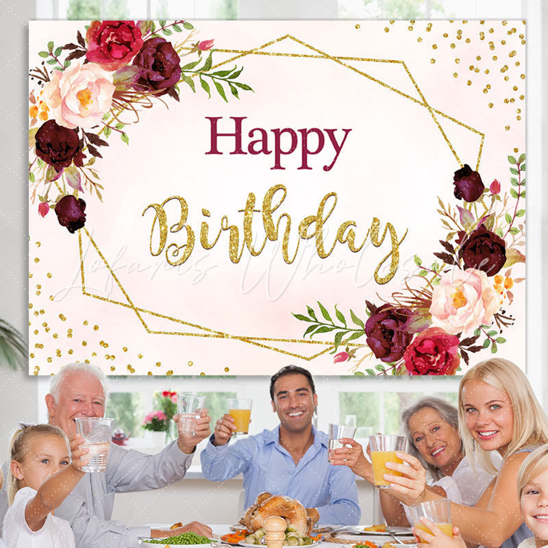 Lofaris Pink And Dark Red Floral Happy Birthday Party Backdrop