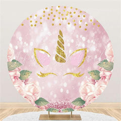 Lofaris Pink And Glitter Leaves Unicorn Round Birthday Backdrop