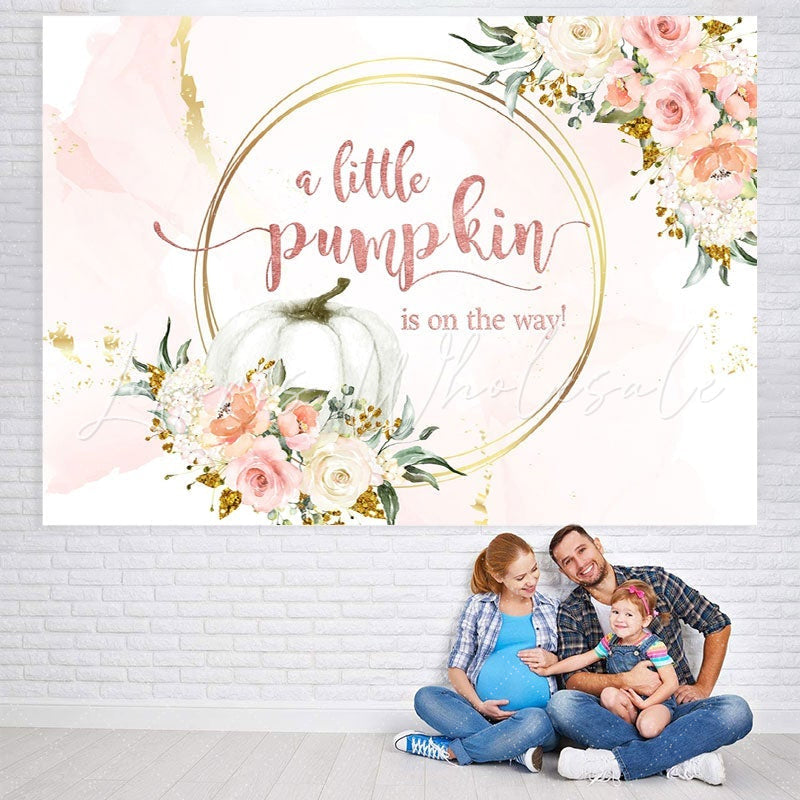 Lofaris Pink and golden floral pumpkin baby shower Backdrop