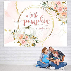 Lofaris Pink and golden floral pumpkin baby shower Backdrop