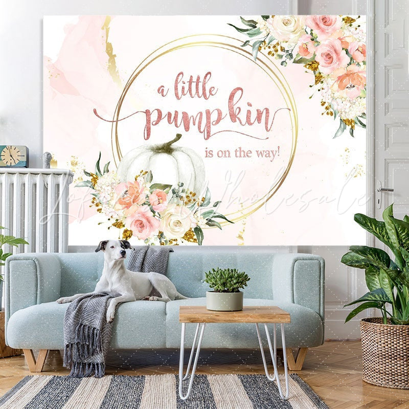 Lofaris Pink and golden floral pumpkin baby shower Backdrop