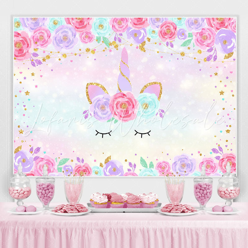 Lofaris Pink and Purple Floral Unicorn themed Glitter Backdrop