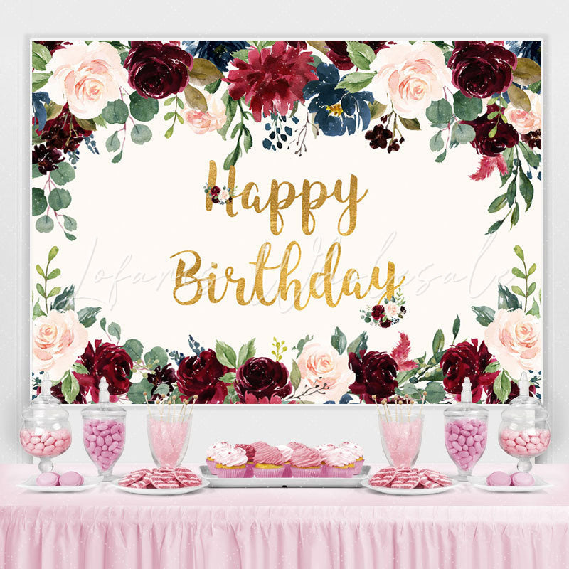 Lofaris Pink and Red Roses Golden Happy Birthday Party Backdrop