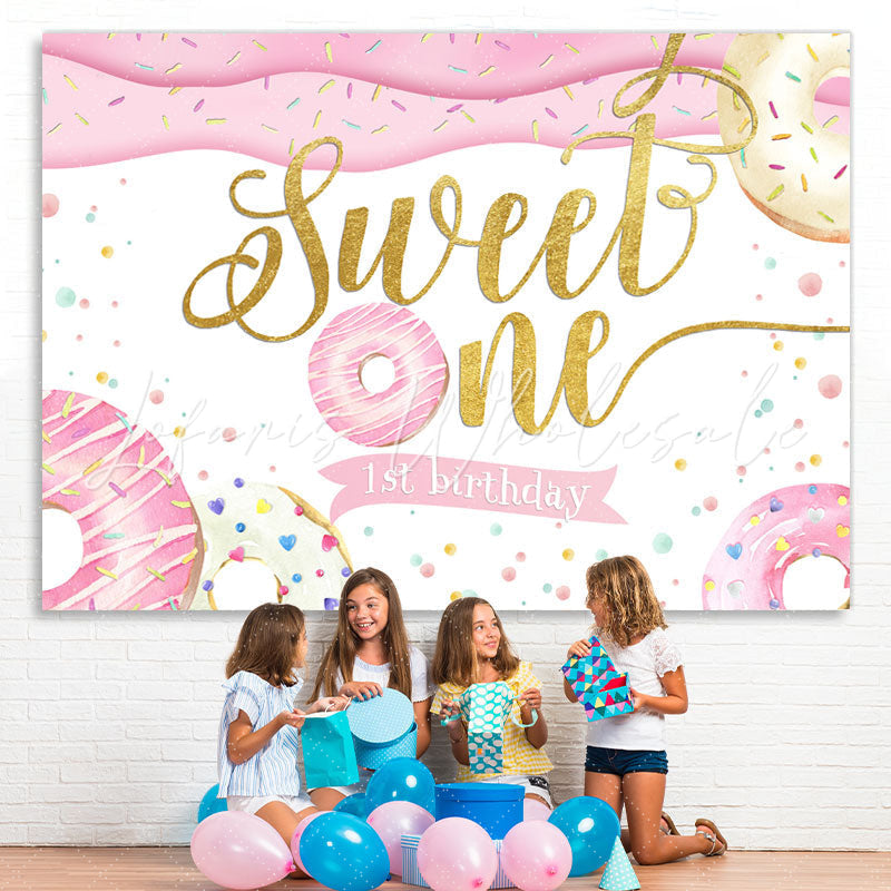 Lofaris Pink and White Donut Sweet on 1st Birthday Backdrop