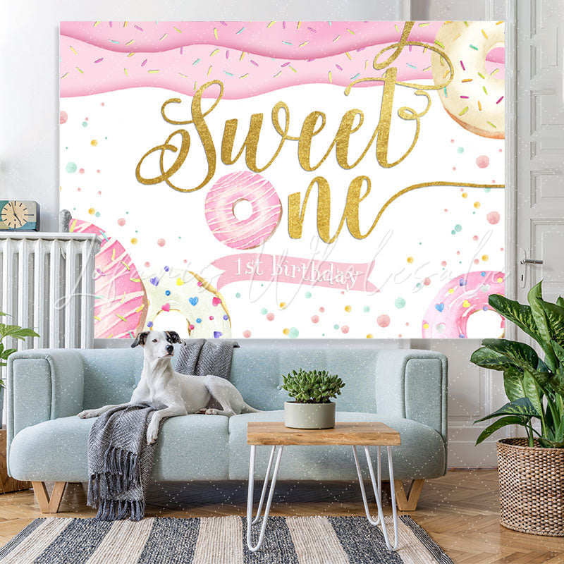 Lofaris Pink and White Donut Sweet on 1st Birthday Backdrop