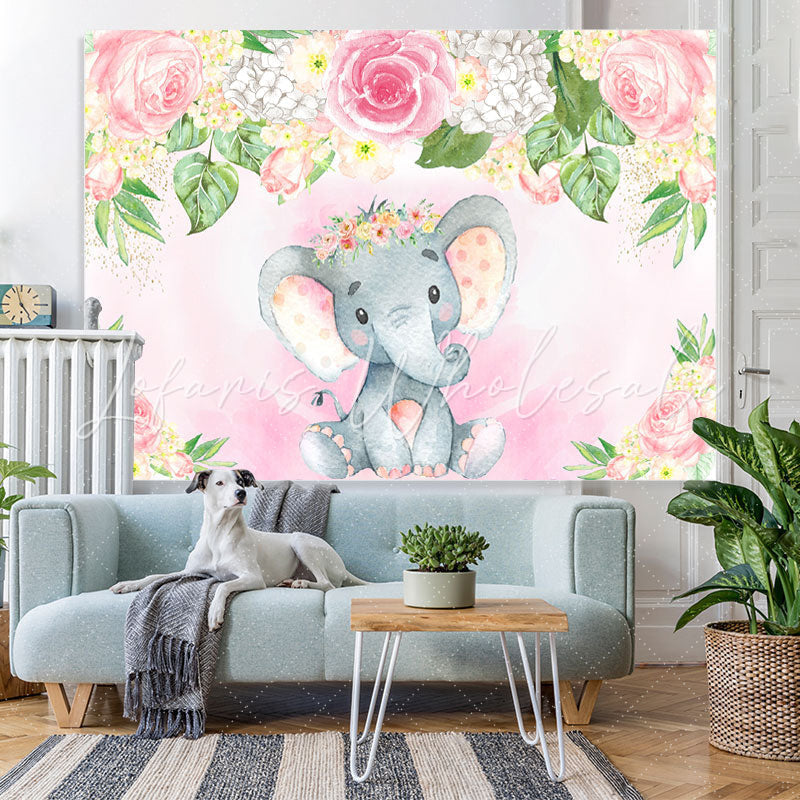 Lofaris Pink and White Floral Elephent Baby Shower Backdrop
