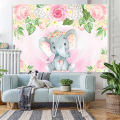 Lofaris Pink and White Floral Elephent Baby Shower Backdrop