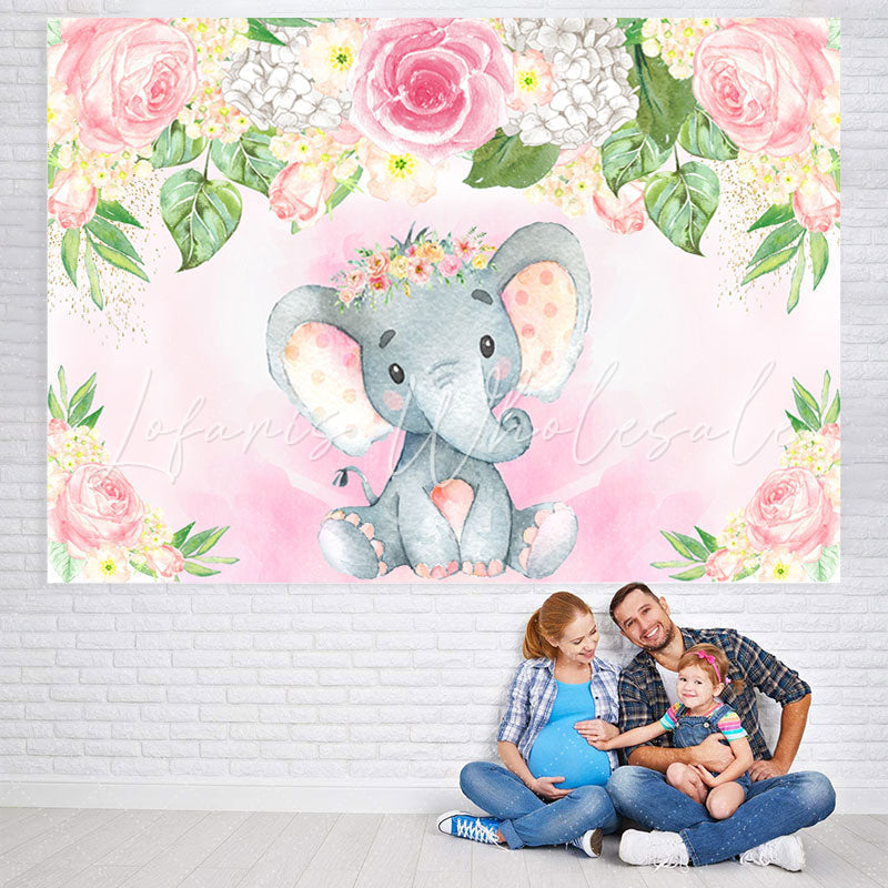 Lofaris Pink and White Floral Elephent Baby Shower Backdrop