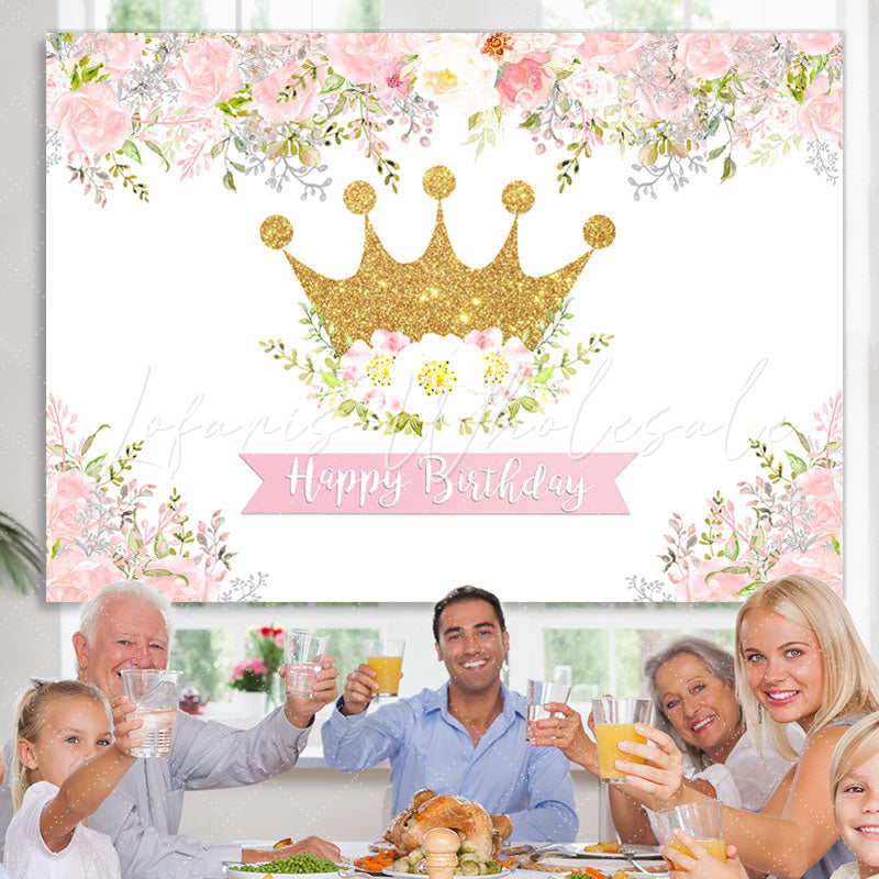 Lofaris Pink and White Floral Golden Crown Birthday Backdrop