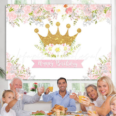 Lofaris Pink and White Floral Golden Crown Birthday Backdrop