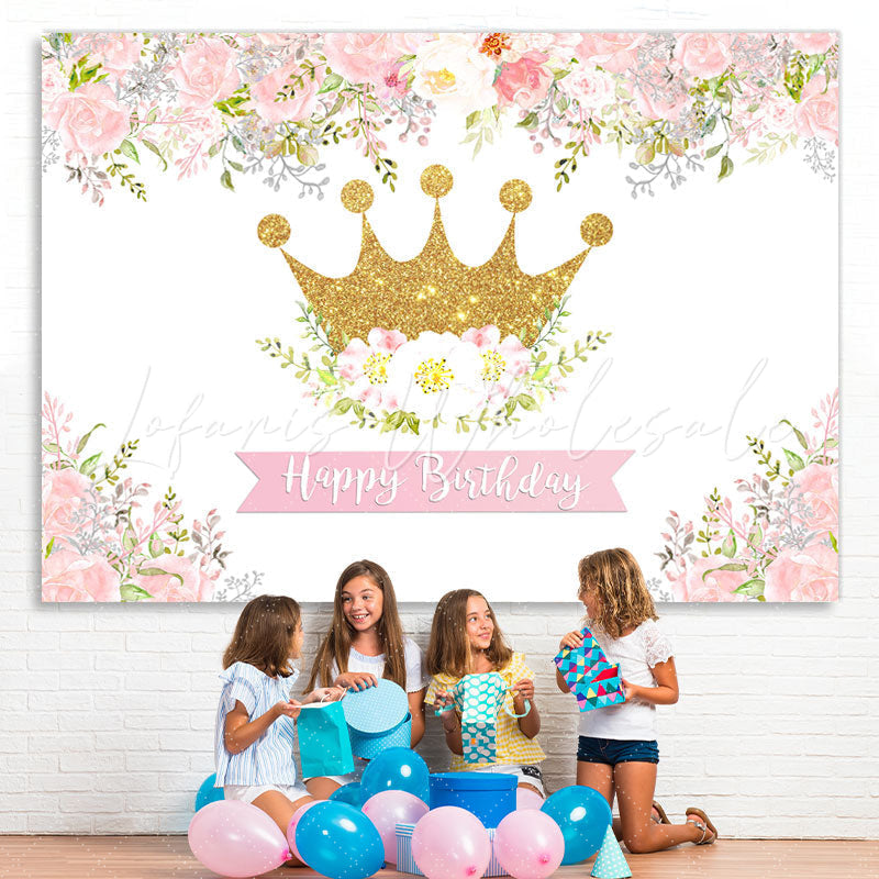 Lofaris Pink and White Floral Golden Crown Birthday Backdrop