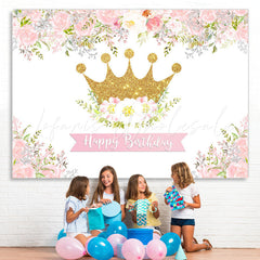 Lofaris Pink and White Floral Golden Crown Birthday Backdrop