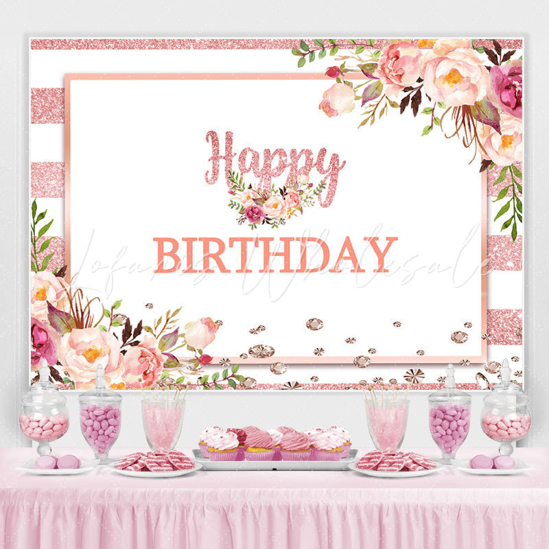 Lofaris Pink And White Floral Happy Birthday Backdrop For Girl