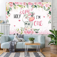 Lofaris Pink And White Floral Holy Cow 1st Birthday Backdrop
