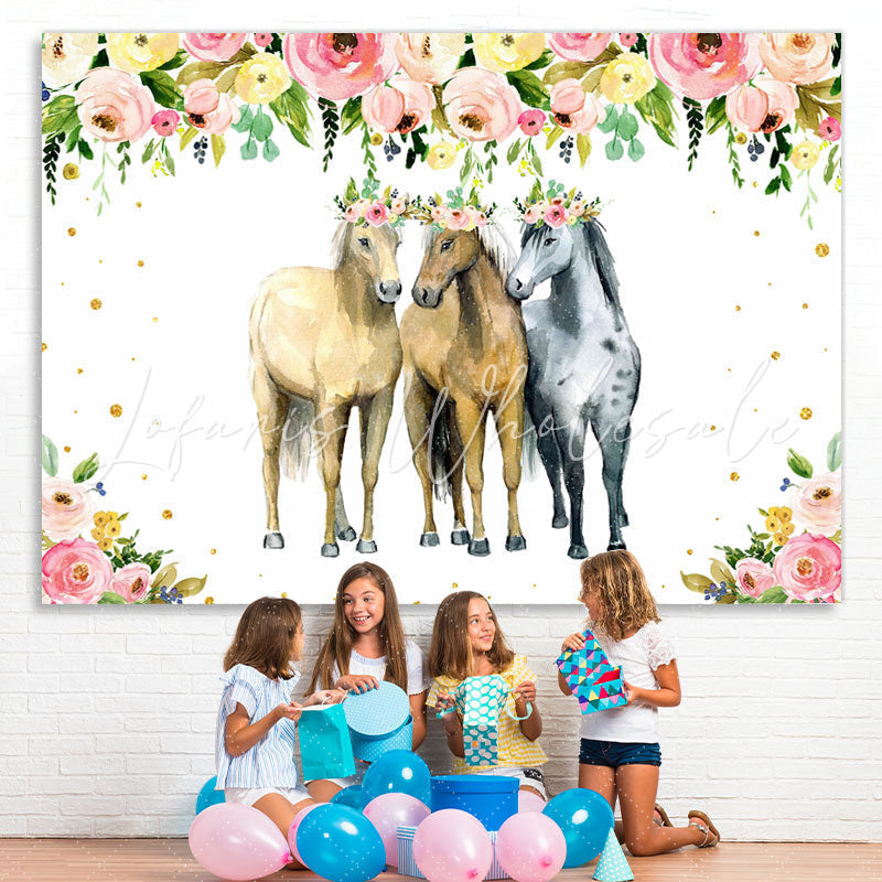 Lofaris Pink and Yellow Florals Three Horse Party Backdrop