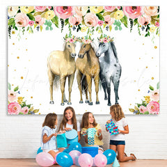 Lofaris Pink and Yellow Florals Three Horse Party Backdrop