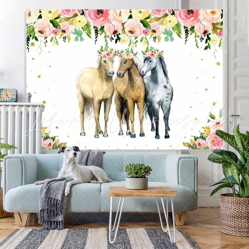 Lofaris Pink and Yellow Florals Three Horse Party Backdrop