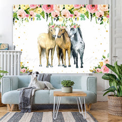 Lofaris Pink and Yellow Florals Three Horse Party Backdrop