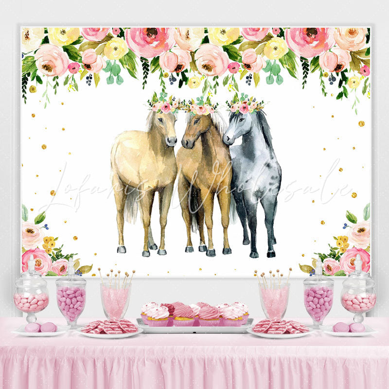 Lofaris Pink and Yellow Florals Three Horse Party Backdrop
