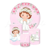 Pink Angel Themed Round Backdrop and Cylinder Cover Kit for Events