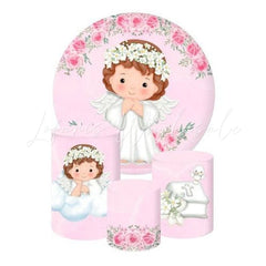 Pink Angel Themed Round Backdrop and Cylinder Cover Kit for Events