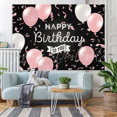 Lofaris Pink Balloon Ribbon Black Happy Birthday Party Backdrop