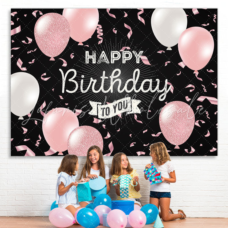 Lofaris Pink Balloon Ribbon Black Happy Birthday Party Backdrop