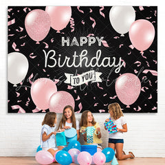 Lofaris Pink Balloon Ribbon Black Happy Birthday Party Backdrop