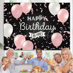 Lofaris Pink Balloon Ribbon Black Happy Birthday Party Backdrop