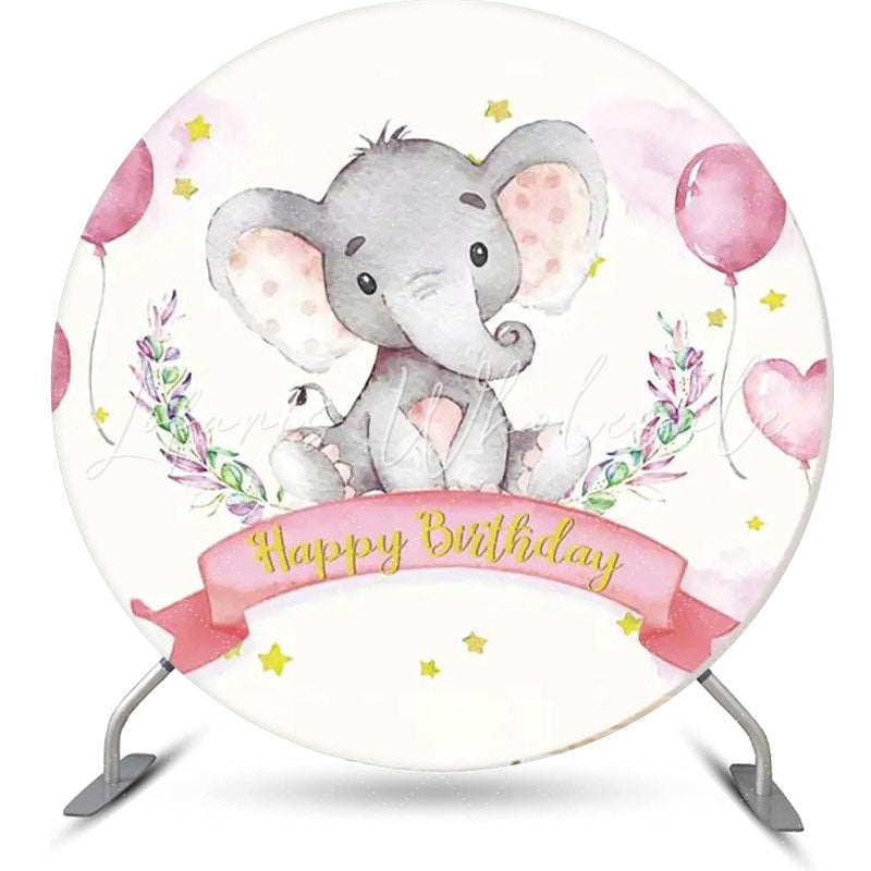 Lofaris Pink Balloon Star Elephant Round Birthday Backdrop