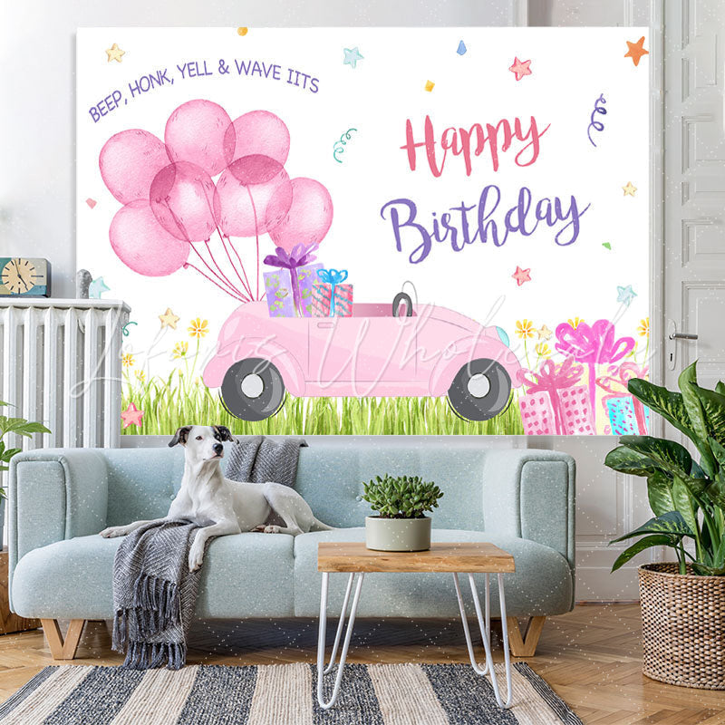 Lofaris Pink Balloons Car Happy Birthday Backdrop For Girl