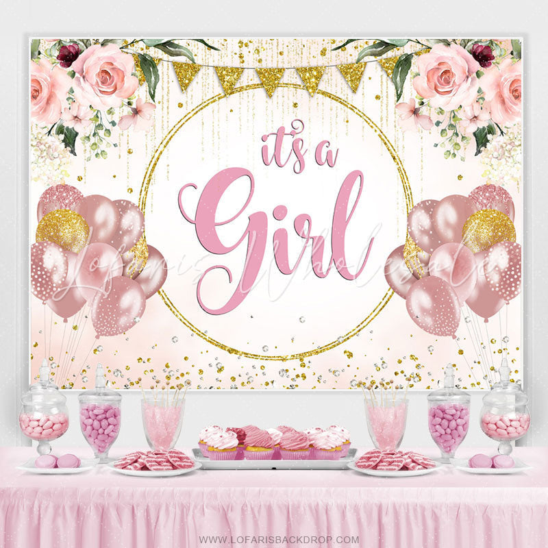 Lofaris Pink Balloons Gold Glitter Its A Girl Baby Shower Backdrop