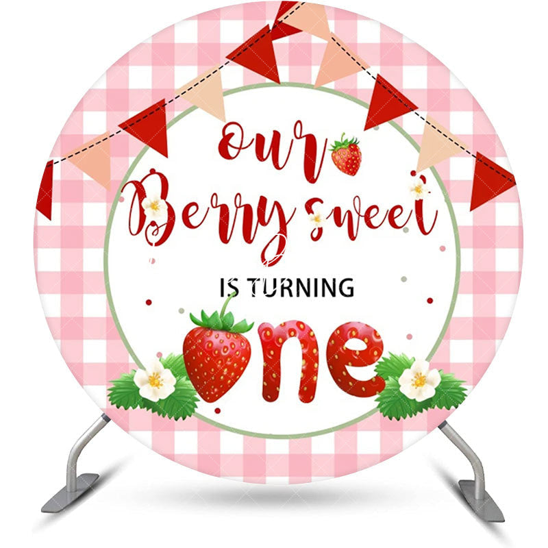 Lofaris Pink Berry Sweet Plaid Round 1st Birthday Backdrop