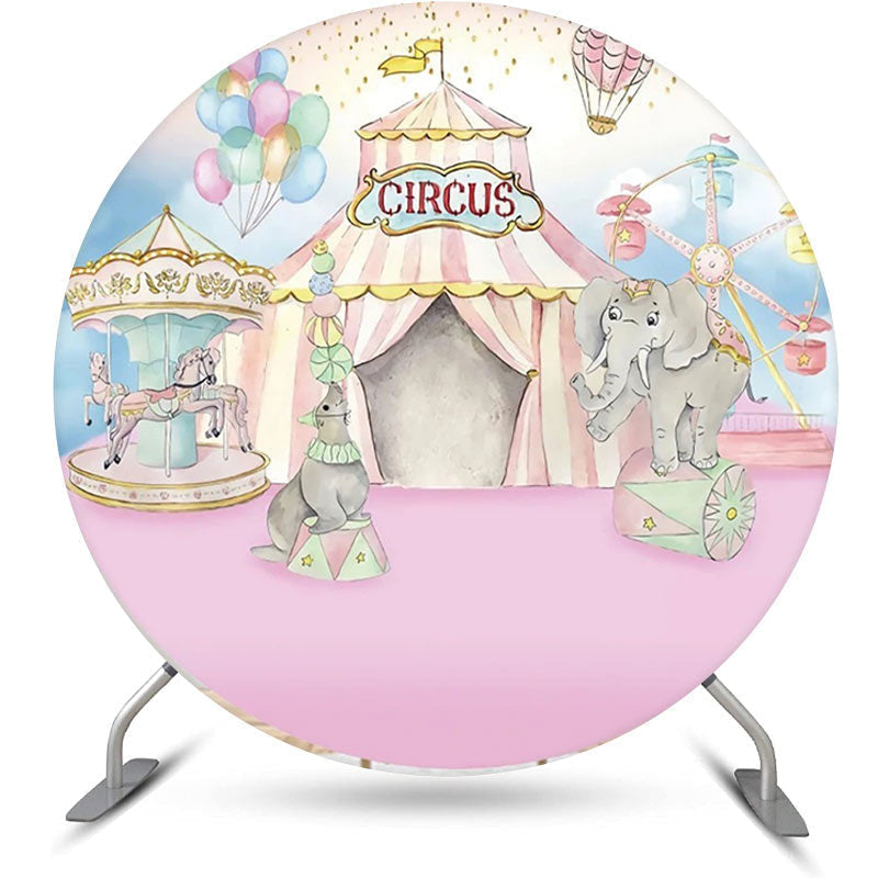 Lofaris Pink Blue Elepants Carousel Circus Round Backdrop