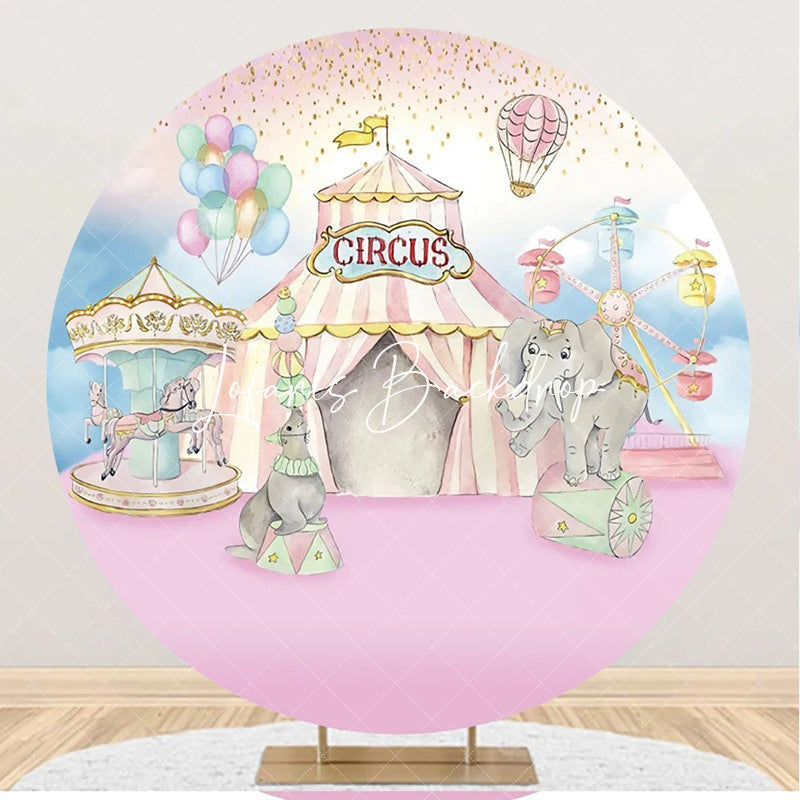 Lofaris Pink Blue Elepants Carousel Circus Round Backdrop