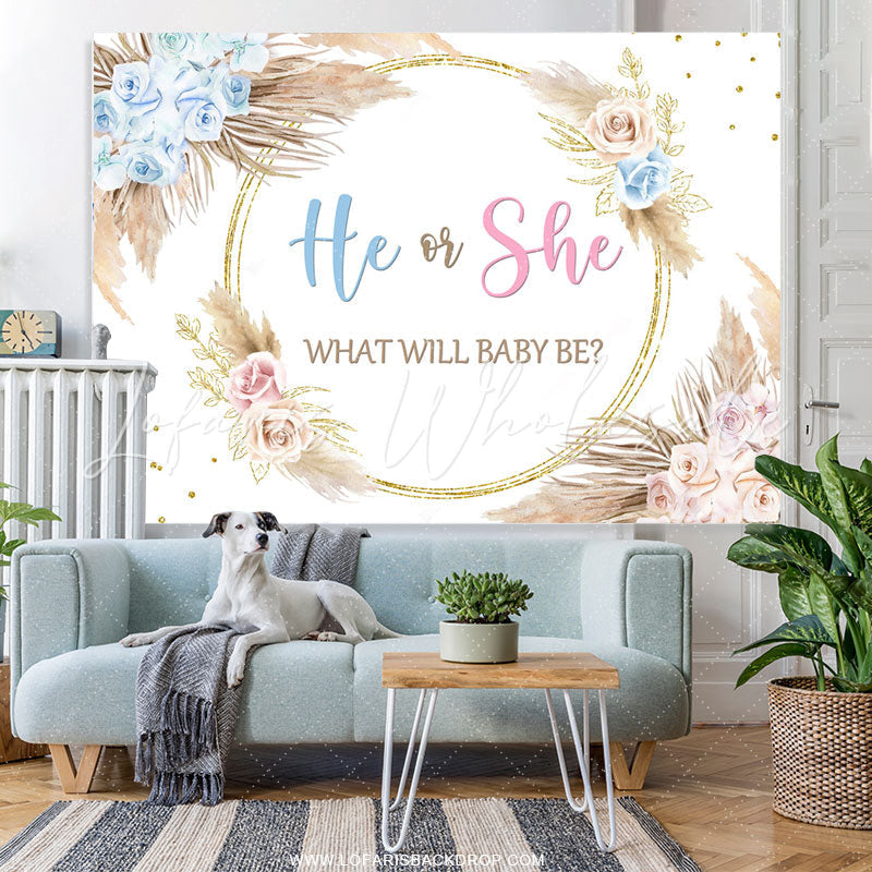 Lofaris Pink Blue He Or She Feather Floral Baby Shower Backdrop