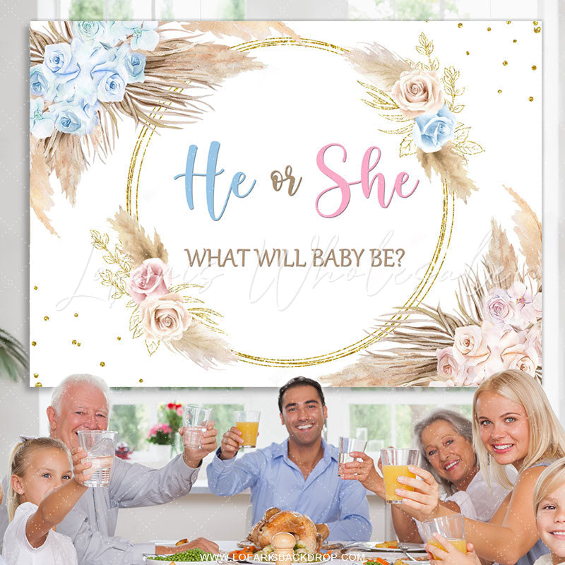 Lofaris Pink Blue He Or She Feather Floral Baby Shower Backdrop