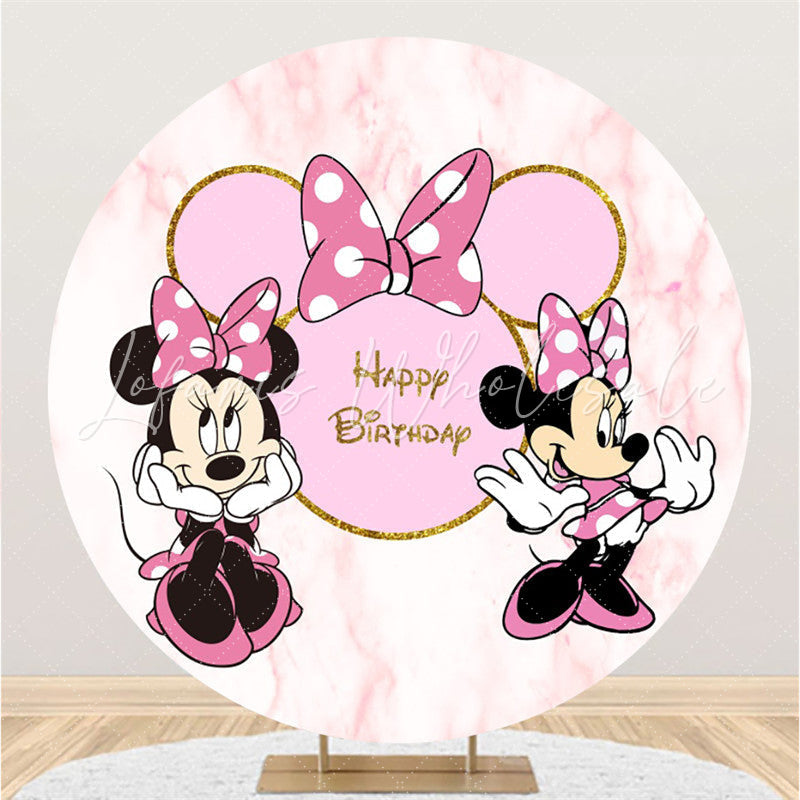 Lofaris Pink Bow Tie Gold Glitter Round Happy Birthday Backdrop