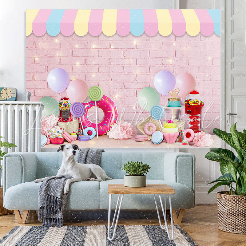 Lofaris Pink Bricks Dessert Themed Happy Birthday Backdrop