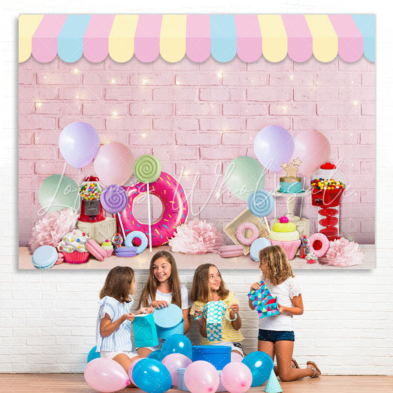 Lofaris Pink Bricks Dessert Themed Happy Birthday Backdrop