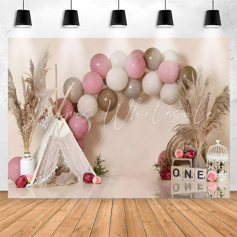Lofaris Pink Brown Balloon Reed Tent 1st Birthday Backdrop