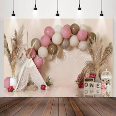 Lofaris Pink Brown Balloon Reed Tent 1st Birthday Backdrop