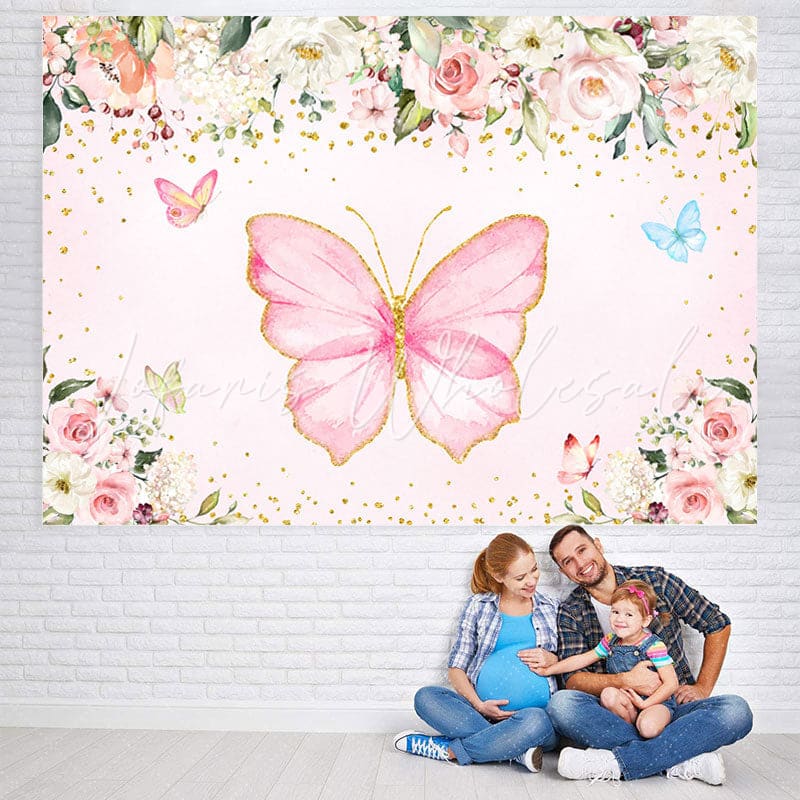 Lofaris Pink Butterfly And Floral Baby Shower Backdrop For Girl