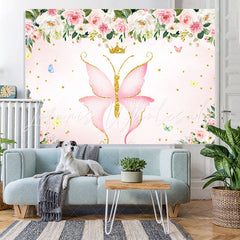 Lofaris Pink ButterFly And Floral Glitter Baby Shower Backdrop