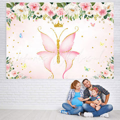 Lofaris Pink ButterFly And Floral Glitter Baby Shower Backdrop